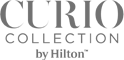 The image shows the logo of "Curio Collection by Hilton" in stylized gray text, representing a luxury hotel brand.
