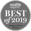 The image is a circular badge stating "Seattle Magazine Best of 2019, Readers' Choice Winner."