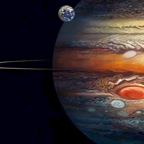 An artistic depiction of Jupiter with its Great Red Spot and swirling clouds, accompanied by nearby celestial objects in space.