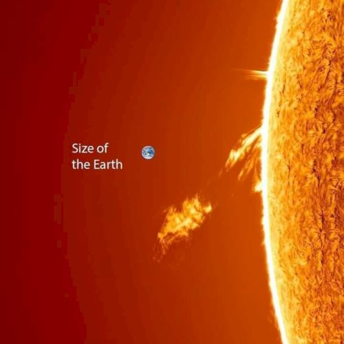The image shows a large view of the Sun with a label indicating the size comparison to Earth, highlighting how much larger the Sun is.