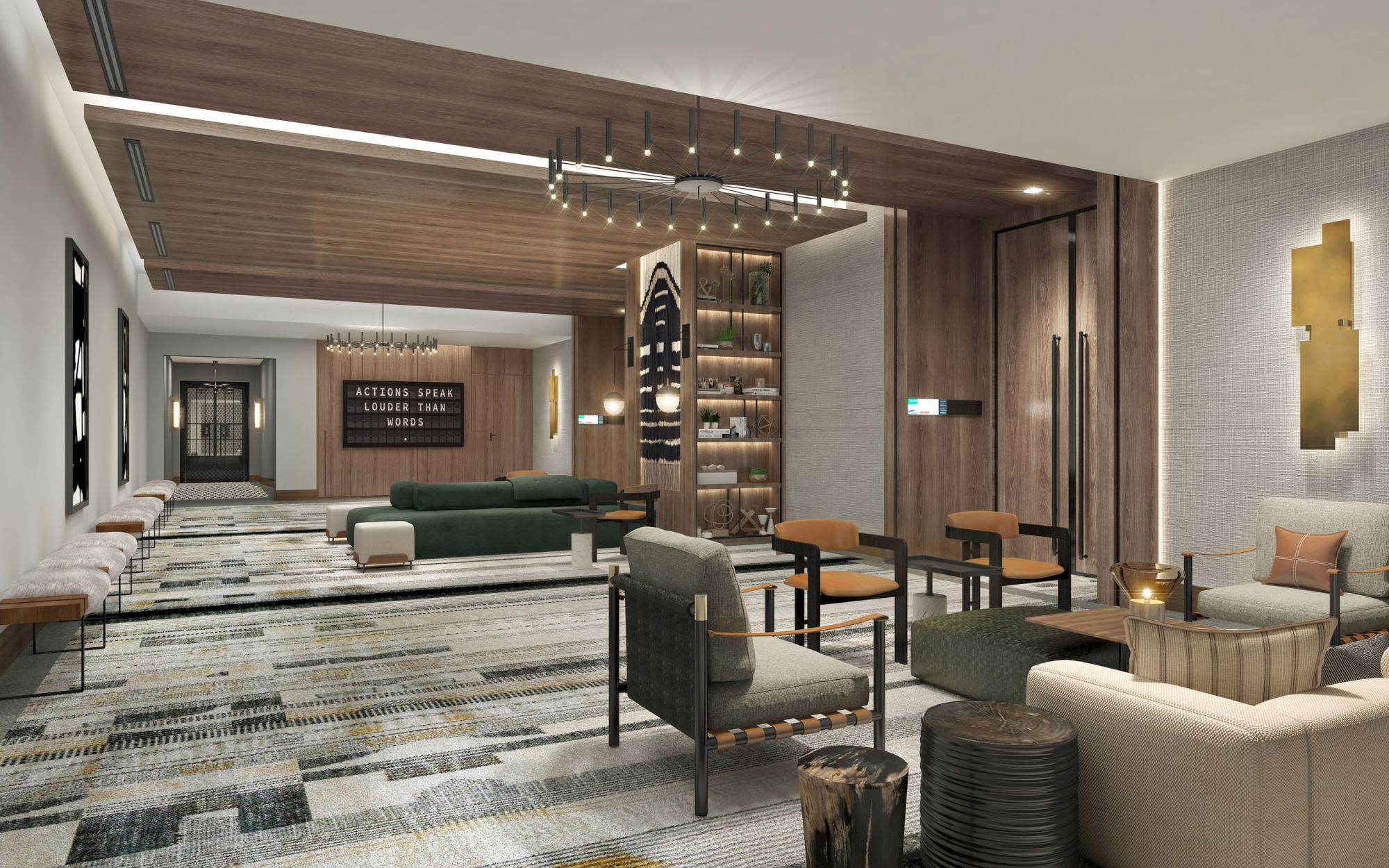 The image shows a modern lounge with sofas, chairs, and decorative elements like a wooden ceiling, a wall shelf, and abstract artwork.