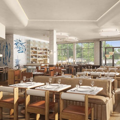 A modern, spacious restaurant with wooden tables, chairs, and a long bar counter, decorated with plants and large windows letting in natural light.