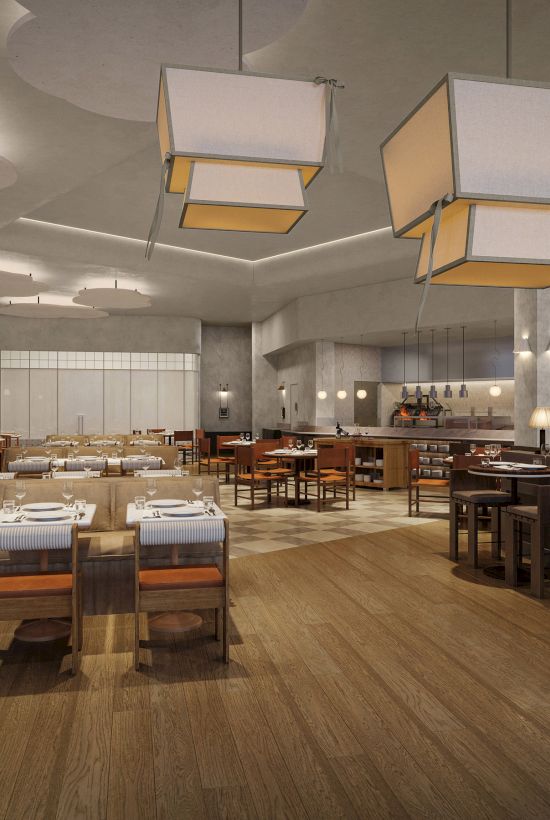 A modern, upscale restaurant interior with wooden tables, cushioned chairs, and stylish lighting.