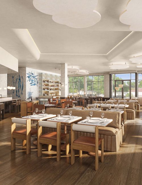 This image shows the interior of a stylish restaurant with wooden furniture, decorative plants, and large windows letting in natural light.