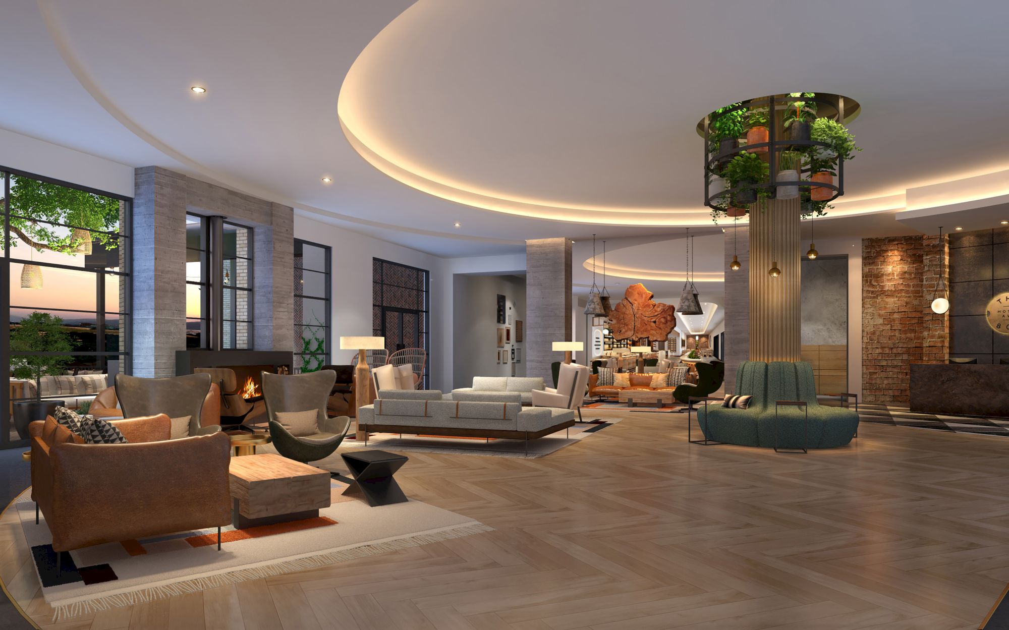 A modern, spacious lobby with plush seating, soft lighting, and a central column adorned with greenery.