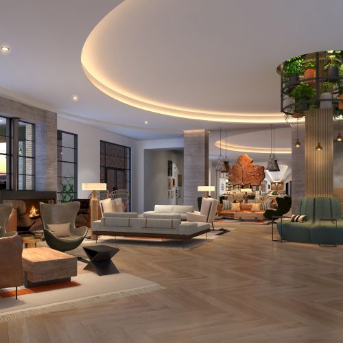 A spacious, modern living area with stylish furniture, warm lighting, and abundant greenery adorning a central column feature in the room.