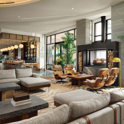 A modern, luxurious hotel lobby or lounge with large windows, green plants, comfortable sofas, and chairs arranged around coffee tables. The space is bright and stylish.