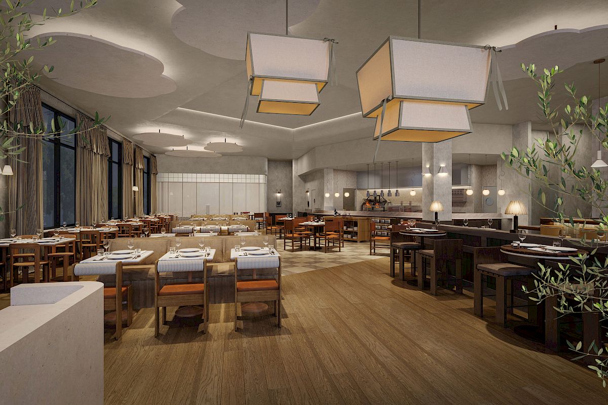 The image shows a modern, spacious restaurant interior with wooden flooring, large square lights, and neatly arranged tables and chairs.