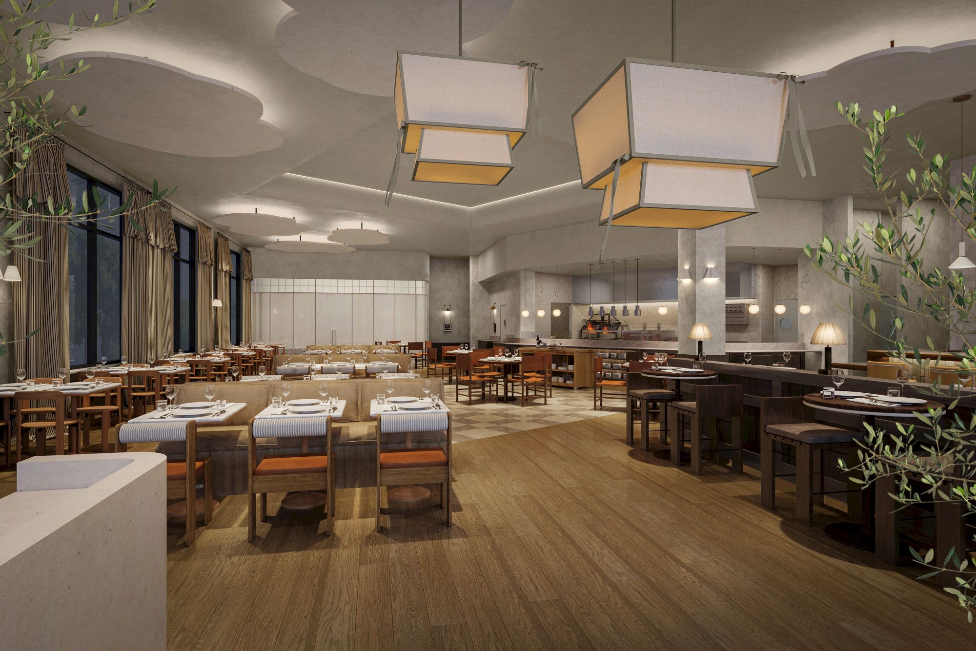 A modern restaurant with wooden flooring, elegant lighting, and neatly arranged tables and chairs in a spacious setting.