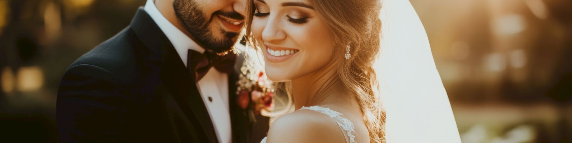A bride and groom embrace outdoors in soft, warm lighting. The bride wears a veil and lace dress; the groom wears a suit with a bow tie.
