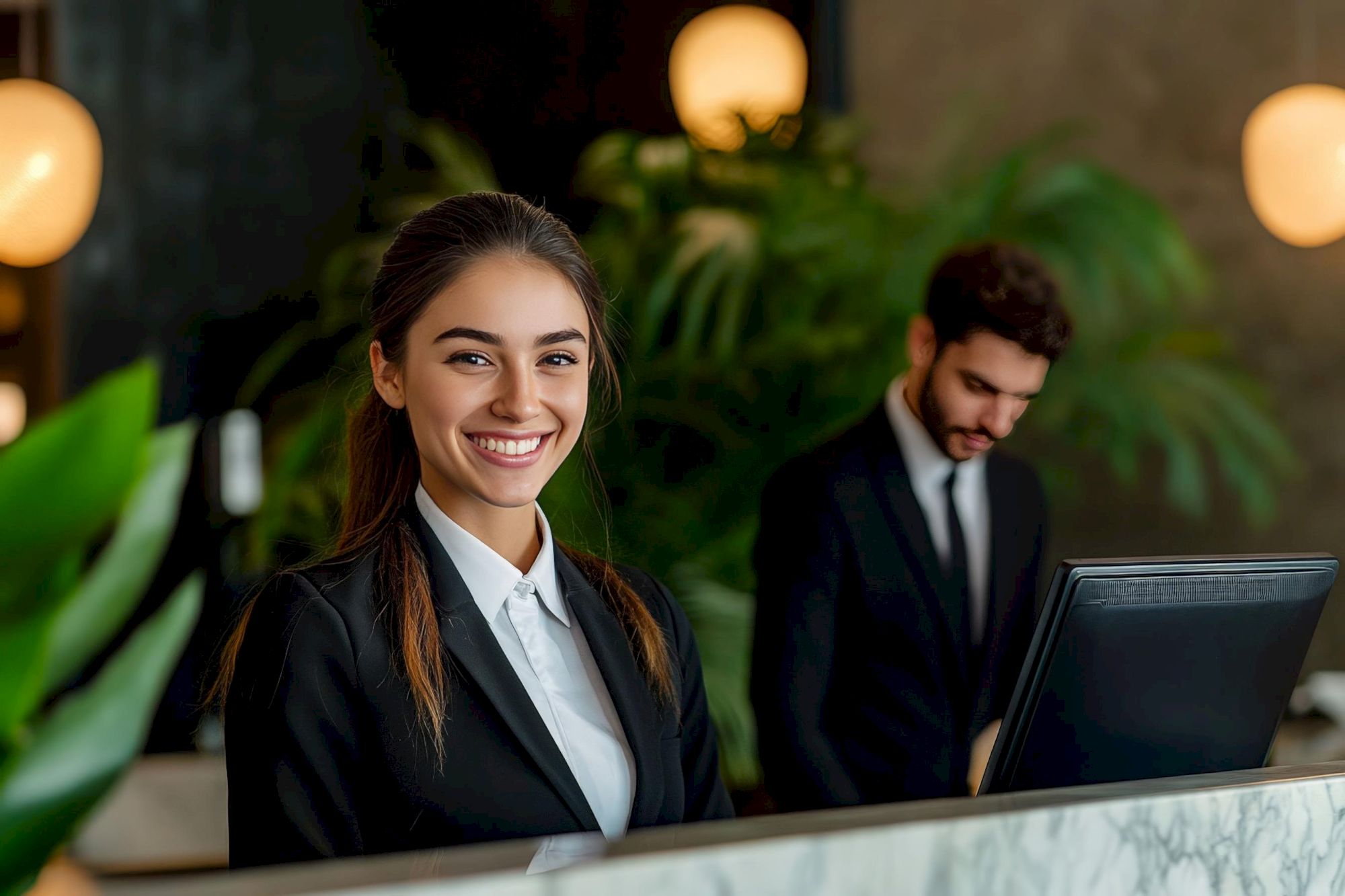 A smiling woman and a man in formal attire stand at a reception desk, surrounded by plants and warm lighting in a professional setting.