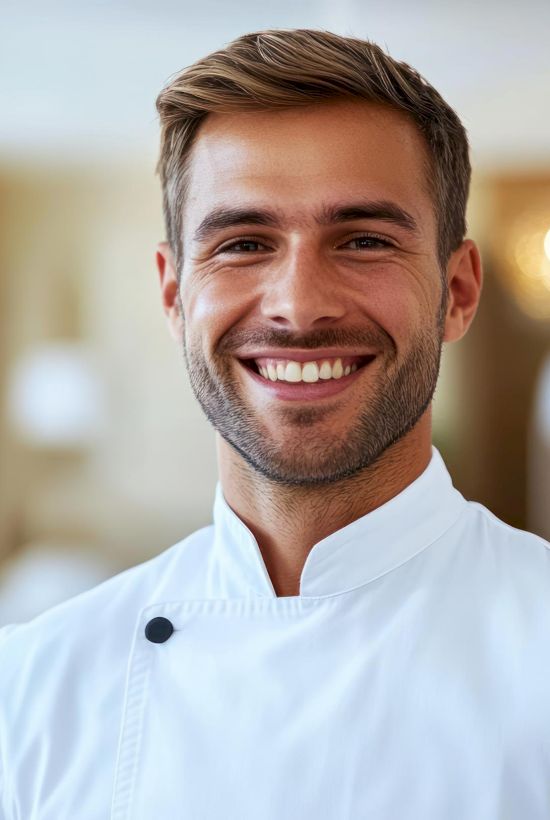 A smiling person wearing a white chef's coat stands in a warmly lit setting, possibly a restaurant or kitchen.
