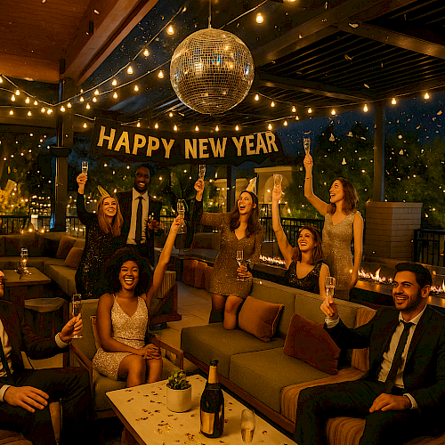 A group of friends in a stylish outdoor party space raises drinks and cheers under a “HAPPY NEW YEAR” banner with string lights and a disco ball, celebrating.