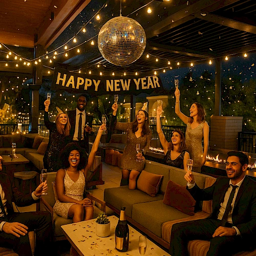 A group of friends in a stylish outdoor party space raises drinks and cheers under a “HAPPY NEW YEAR” banner with string lights and a disco ball, celebrating.