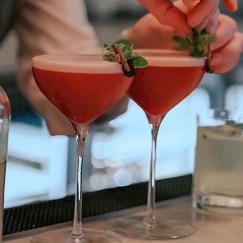 Two cocktails with red-pink rims, garnished with herbs, being placed on a bar over ice and a shaker nearby, bartenders&rsquo; hands working.