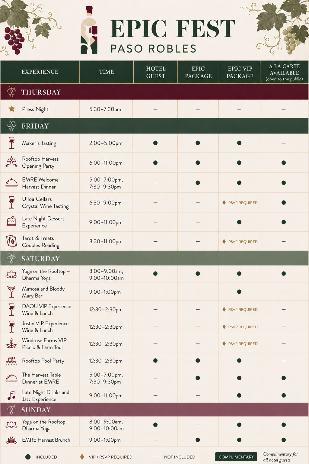 Epic Fest Paso Robles weekend schedule grid