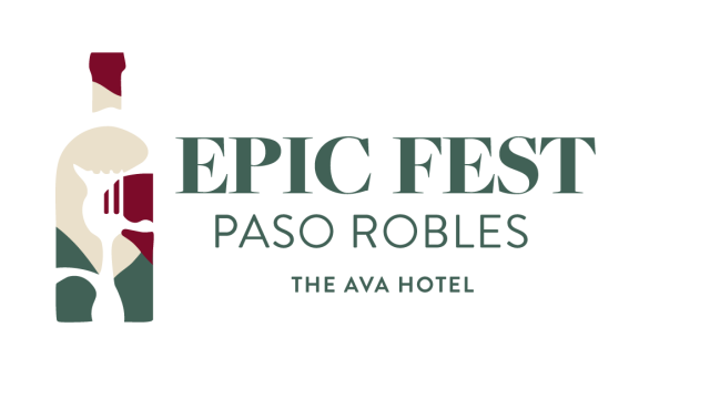 A logo reading &ldquo;EPIC FEST Paso Robles&rdquo; with &ldquo;THE AVA HOTEL,&rdquo; plus a stylized fork-and-glass icon, in dark red/green.