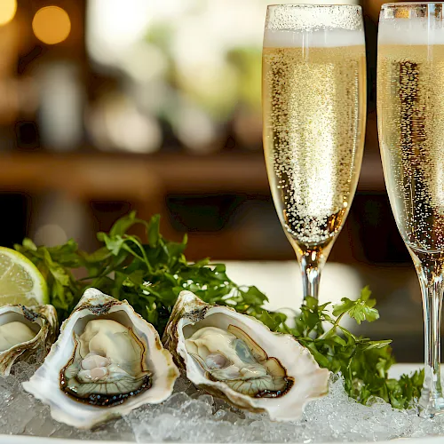 Two tall champagne flutes with bubbles sit by fresh oysters on ice, with lemon wedges and herbs in the background.