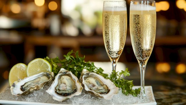 Two tall champagne flutes with bubbles sit by fresh oysters on ice, with lemon wedges and herbs in the background.
